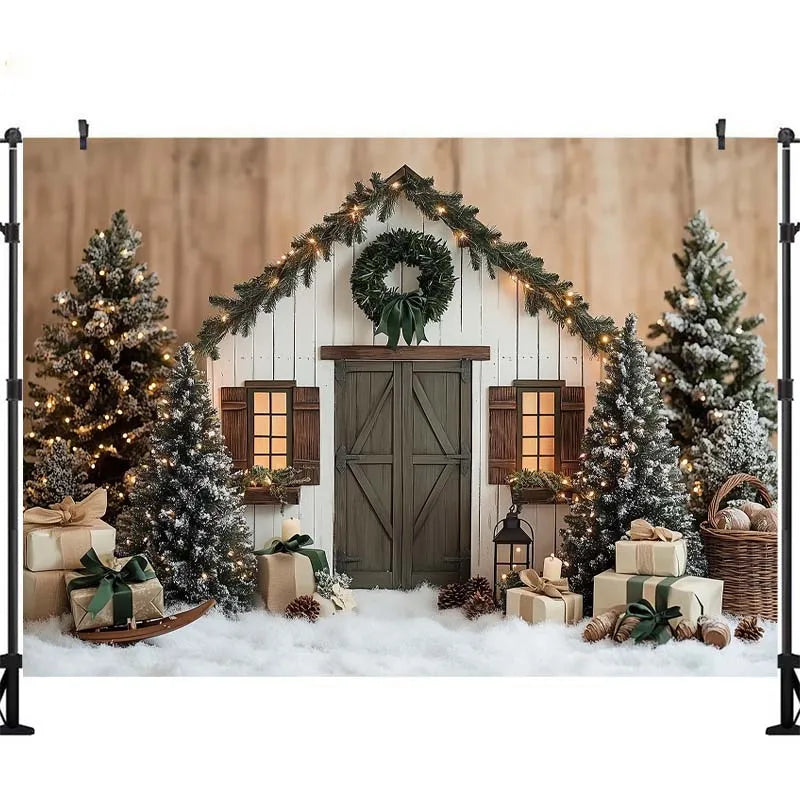 Fundo Fotográfico: Cabana de Inverno Natalina com Luzes, Árvore de Natal, Presentes, Crianças e Família – Decoração para Retratos e Estúdio Fotográfico