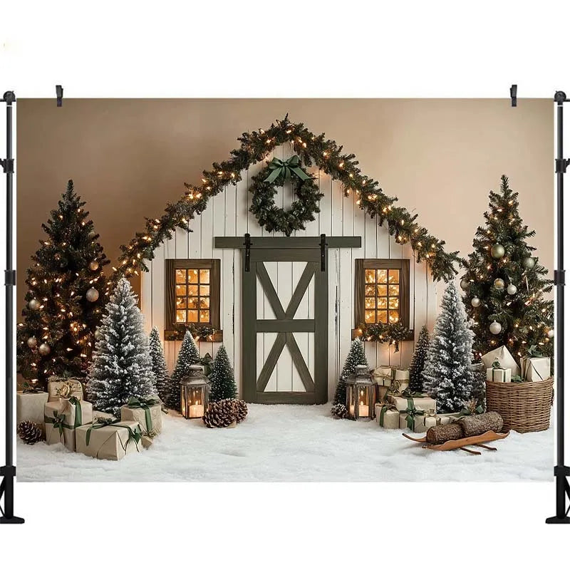 Fundo Fotográfico: Cabana de Inverno Natalina com Luzes, Árvore de Natal, Presentes, Crianças e Família – Decoração para Retratos e Estúdio Fotográfico