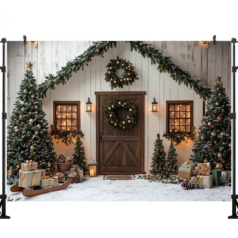 Fundo Fotográfico: Cabana de Inverno Natalina com Luzes, Árvore de Natal, Presentes, Crianças e Família – Decoração para Retratos e Estúdio Fotográfico