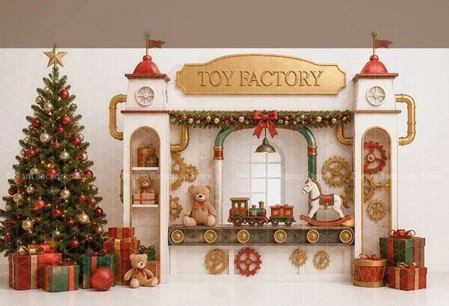 Fundo Fotográfico de Inverno Natalino: Loja do Papai Noel, Fábrica de Brinquedos, Correios, Árvore de Natal, Decoração para Retratos de Crianças e Família, Cenário para Estúdio Fotográfico