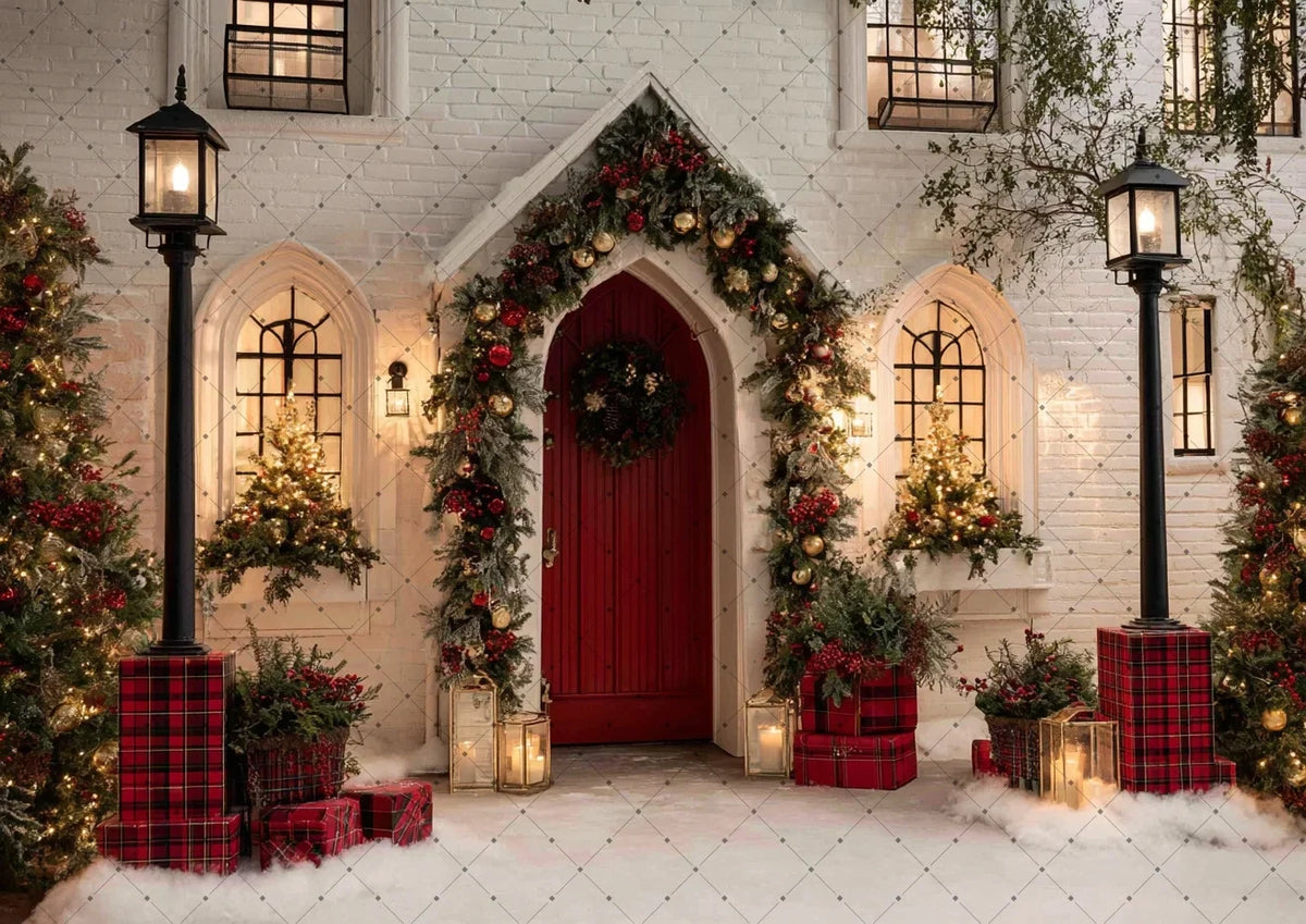 Fundo Fotográfico de Natal Casa de Tijolos Brancos Porta Vermelha Guirlanda de Natal Lâmpada Neve Cenário de Estúdio para Retratos Infantis