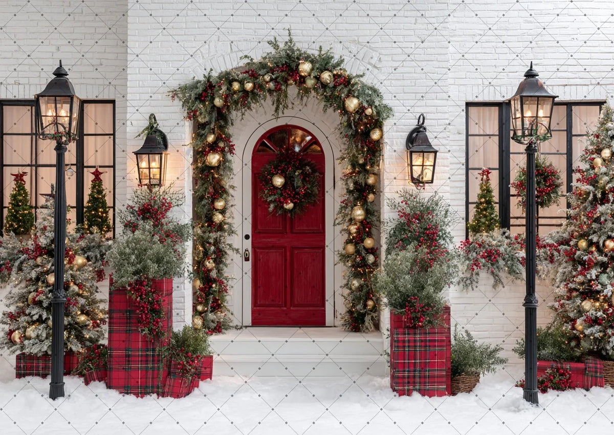Fundo Fotográfico de Natal Casa de Tijolos Brancos Porta Vermelha Guirlanda de Natal Lâmpada Neve Cenário de Estúdio para Retratos Infantis