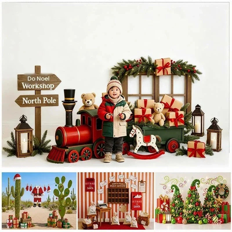 Fundo Fotográfico de Natal, Decoração de Sala de Correio do Polo Norte, Trenó do Papai Noel, Acessórios de Estúdio para Retratos de Família no Natal