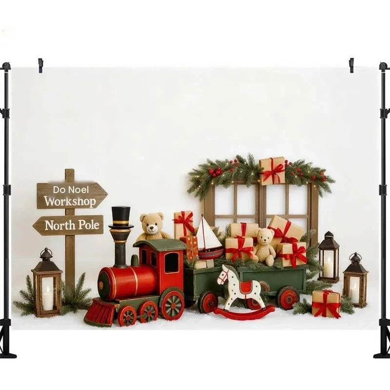 Fundo Fotográfico de Natal, Decoração de Sala de Correio do Polo Norte, Trenó do Papai Noel, Acessórios de Estúdio para Retratos de Família no Natal