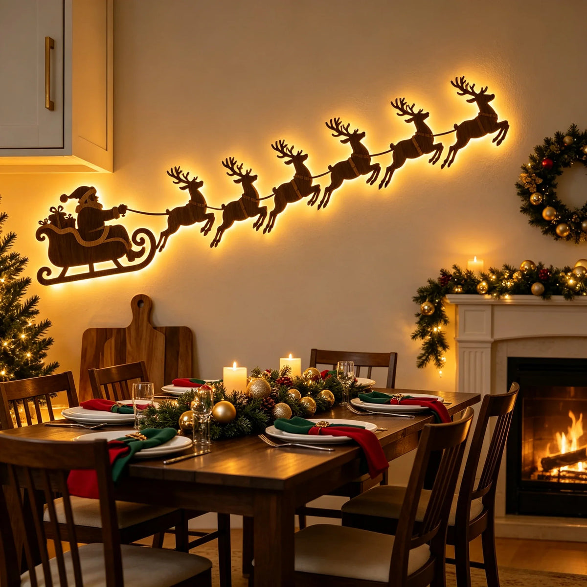 renas iluminadas e trenó do papai noel na parede da sala de jantar