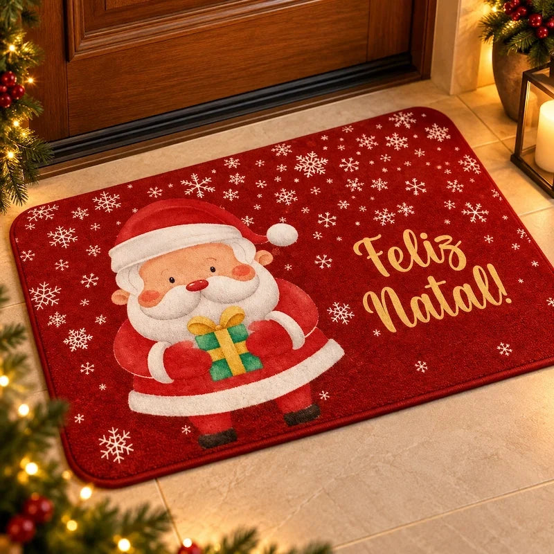 tapete de porta natalino com Papai Noel e Feliz Natal detalhe do acabamento