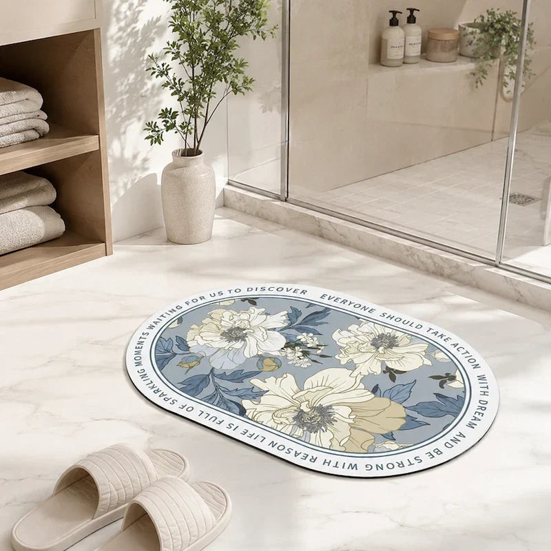 Tapete Oval para Banheiro Floral Azul 40 x 60 cm Antiderrapante