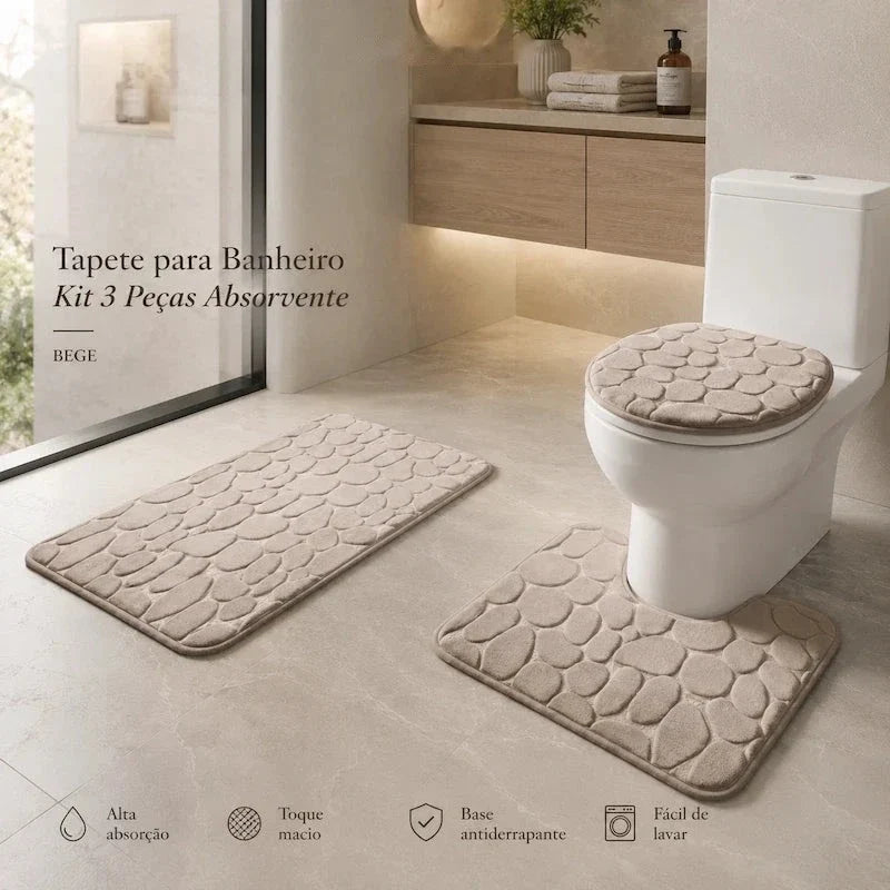 kit de tapetes de banheiro bege com relevo de pedras