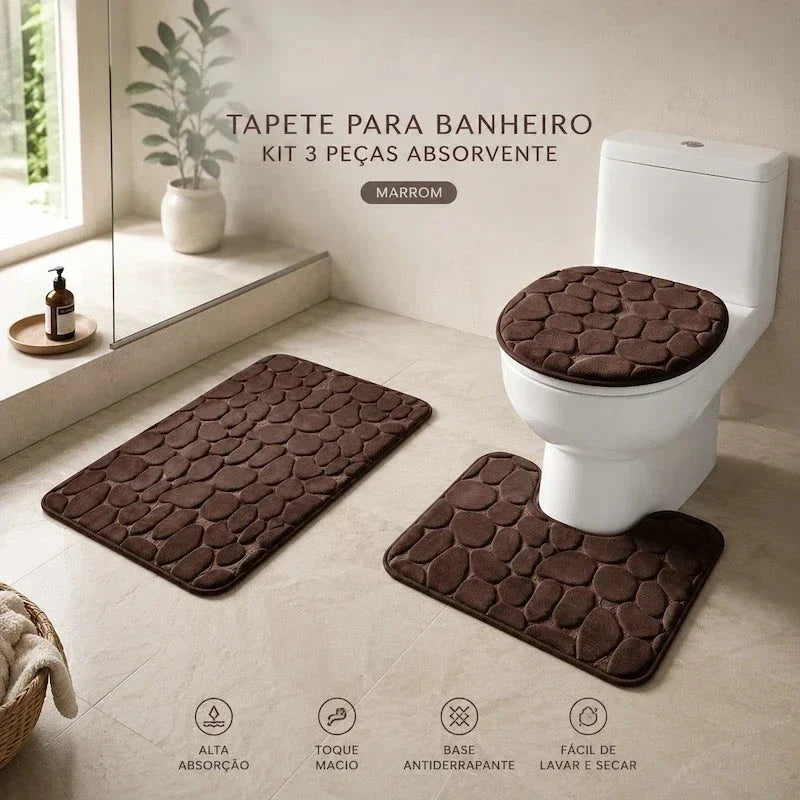 kit de tapetes de banheiro marrom com capa de assento
