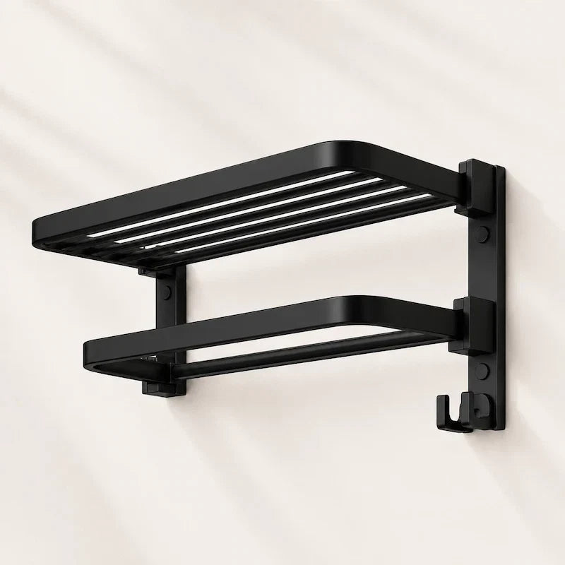 toalheiro dobrável preto com prateleira e ganchos