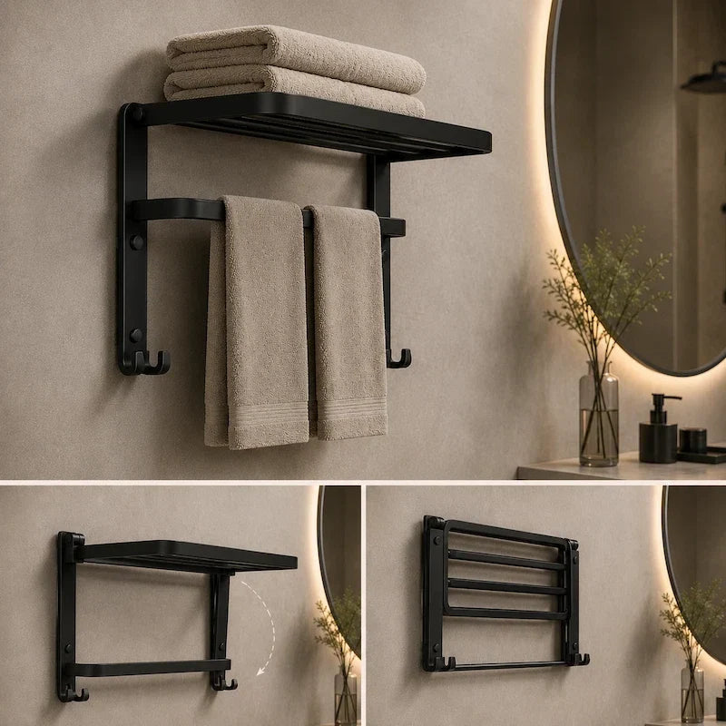 toalheiro preto dobrável em diferentes posições