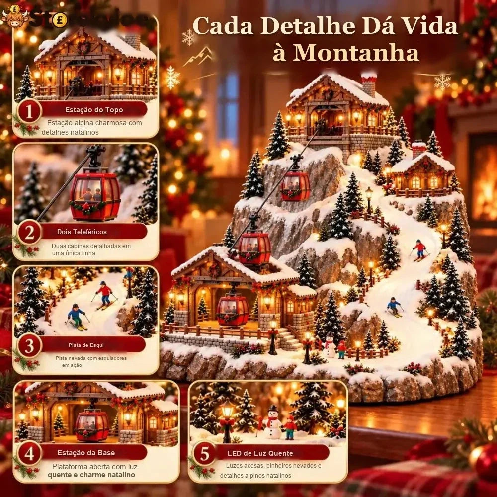 detalhes da vila de natal com estação do topo, teleféricos e pista de esqui