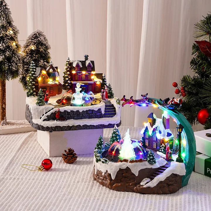 vila de natal em resina com casinhas iluminadas e fonte colorida