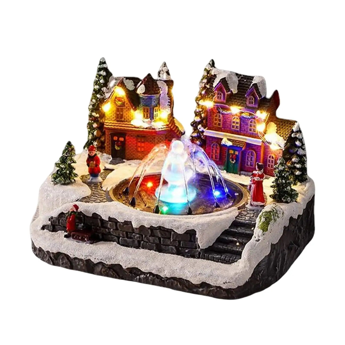 vila de natal iluminada com praça fonte e moradores em miniatura