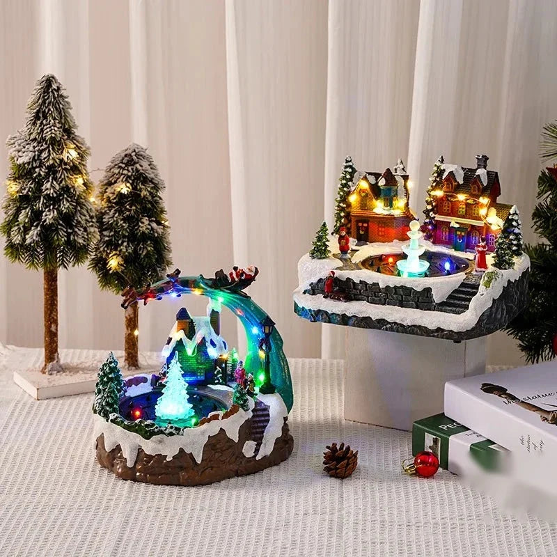 cenário de vila de natal com casinhas acesas na sala